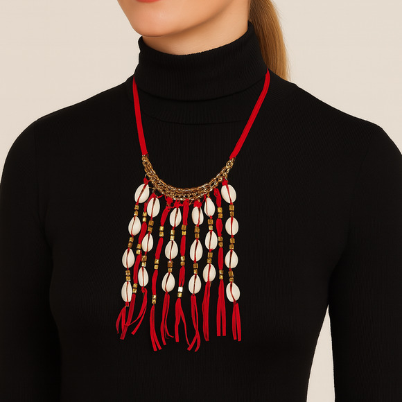 Mia Collection Statement Necklace Women Cowrie Shell Fringe Red Gold Tone Boho - Picture 1 of 7